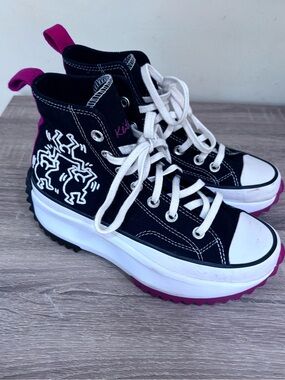 Converse x Keith Haring Black High-Top Platform Sneakers with Red Accents size 6